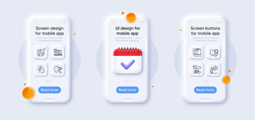Obraz premium Plane, Employees messenger and Business target line icons pack. 3d phone mockups with calendar. Glass smartphone screen. Electric bike, Brainstorming, Search web icon. Vector