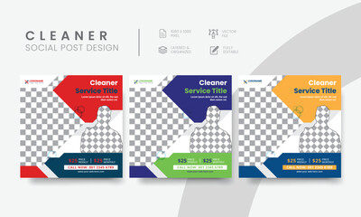Creative cleaning service social media post for commercial marketing. Corporate office, home, and hotel cleaning business square social media web banner layout. Vol - 13