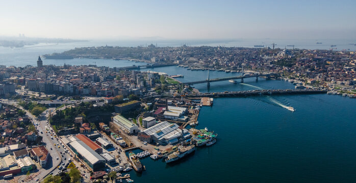 Aerial view of Istanbul European side, view of Beyoglu district and the Galata bridge on the Golden Horn, Turkey.
