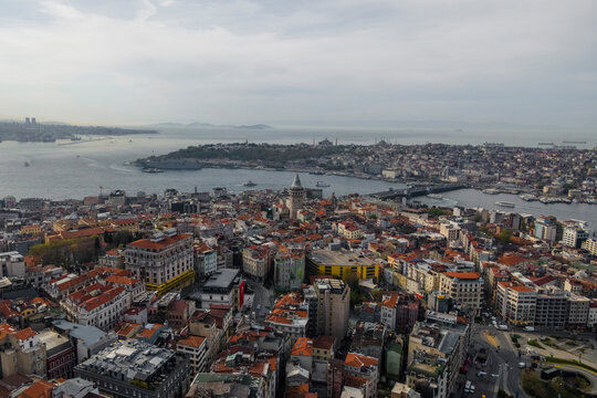 Aerial view of the Galata tower in Beyoglu district on the European side of Istanbul downtown, Turkey.