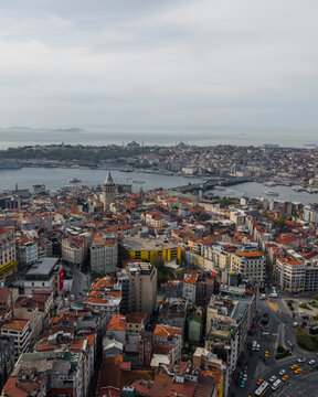 Aerial view of the Galata tower in Beyoglu district on the European side of Istanbul downtown, Turkey.