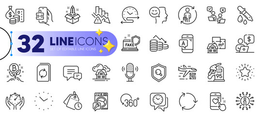 Outline set of Inspect, Bitcoin project and Business person line icons for web with Startup, Money, Floor plan thin icon. Clock, Info, Heart rating pictogram icon. Good mood, Timer, Deflation. Vector