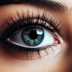 Fototapeta premium Close-up of woman's blue eye with black long eyelashes. Black mascara cosmetic concept. A close-up of a woman's blue eye with lengthy lashes. Macro shot of female eye