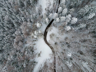 Aerial view of a road crossing the forest with pine trees in winter with snow, Bavaria, Germany.