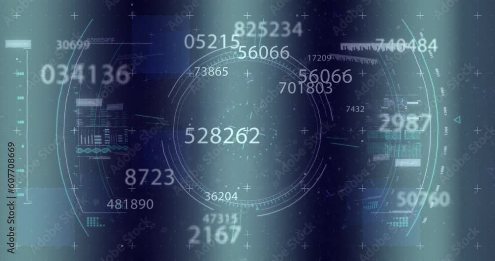 Poster Animation of glitch technique over circles, graphs, loading bars and dna helix on abstract concept