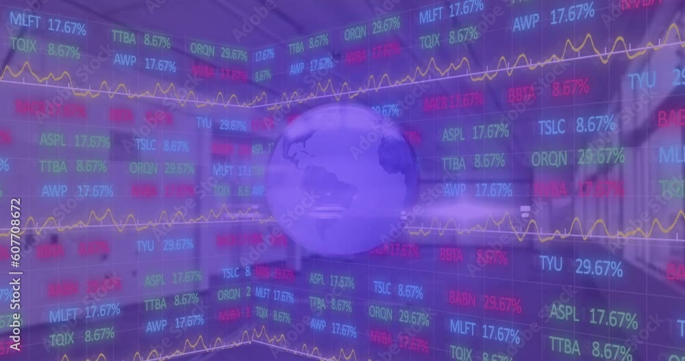 Poster animation of globe over trading board against empty warehouse in background