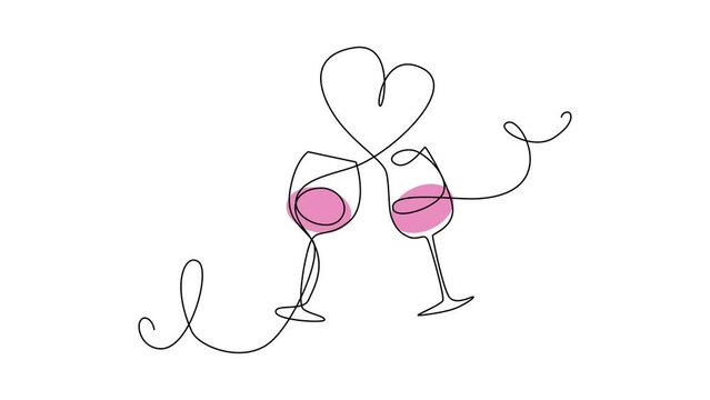 Wine Glass Glass Cheering Continuous Line Draw Animation with Heart, Minimalistic Monoline Love Toast, Alcohol Drink Holiday Drawing, One Line Wine Glass Wedding Illustration