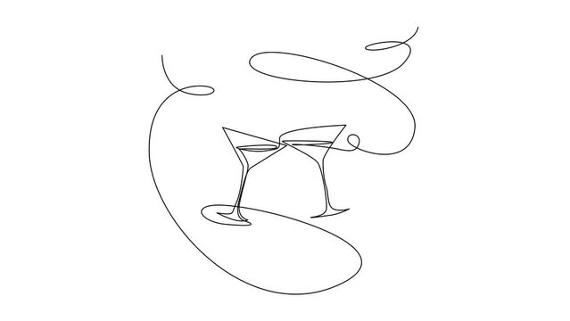 Wine Glass Continuous Line Animation, Minimalistic Monoline Wineglass Animated Drawing, Alcohol Drink Holiday Cartoon Movie, Romantic Dinner Linear Sketch, One Line Wine Glass Animation