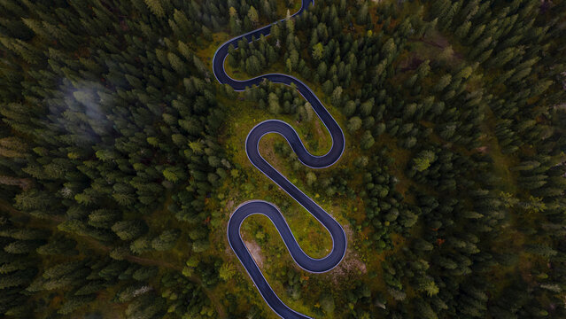 Aerial view of Snake road from Cortina d'Ampezzo to Passo Giau, Dolomites, Italy.