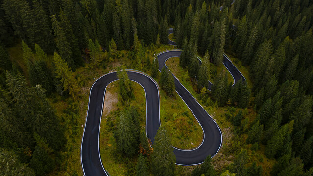 Aerial view of Snake road from Cortina d'Ampezzo to Passo Giau, Dolomites, Italy.