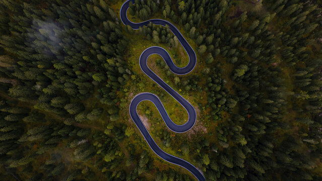Aerial view of Snake road from Cortina d'Ampezzo to Passo Giau, Dolomites, Italy.