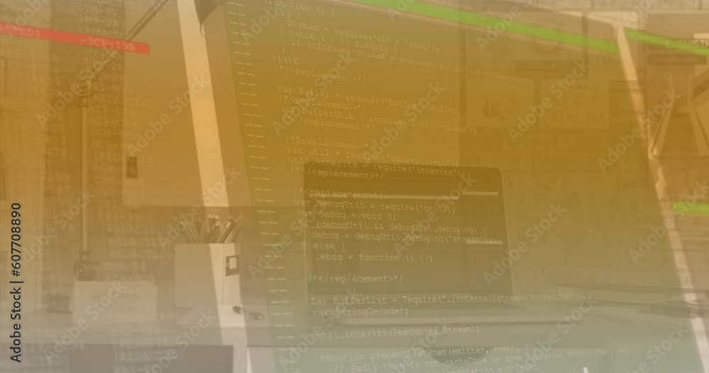 Poster animation of computer language and abstract interface over laptop on desk