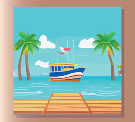 Tropical beach. The ocean, boat and pier. Vacation, tourism. Cartoon. Vector. Flat style.
