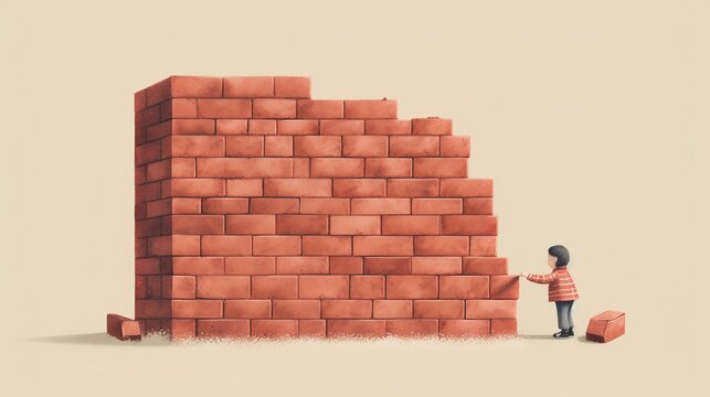 Building habits concept. A small people figure stacking bricks, metaphorically signifying the gradual construction of personal habits and the discipline required. Generative AI