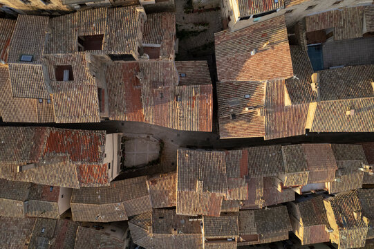 Aerial view of rooftops, Valderrobres, Teruel, Spain.
