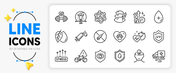 Stress grows, Eye protection and Cardio training line icons set for app include Pets care, Pillow, No vaccine outline thin icon. Uv protection, Dumbbell, Coronavirus pictogram icon. Vector