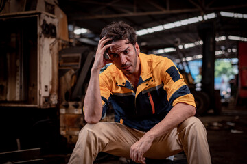Worker wearing uniform sitting in factory plantation posing feel tried and serious with work ,he...