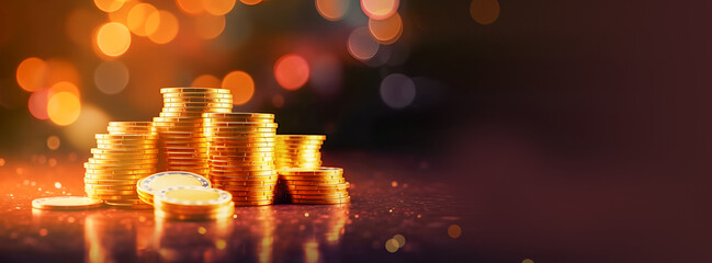 Casino banner. Stack of golden poker chips on a casino game table with lightning on blurred background with bokeh effect. Banner size, copy space. Generative ai