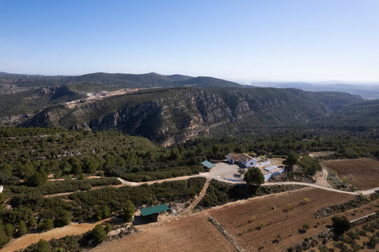 Aerial view of cultivation estate, Bunol, Valencia, Spain.