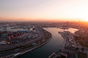 Valencia, Spain - 01 April 2023: Aerial view of the harbour in Platja de Llevant, El Cabanyal.