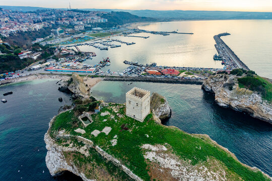 Aerial view of fortress on rock island in Black Sea seaside town of Sile in Istanbul, Turkey.