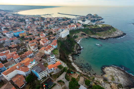 Aerial view of Black Sea seaside town of Sile and lighthouse in Istanbul, Turkey.