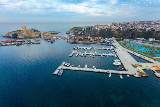 Aerial view of harbor in Black Sea seaside town of Sile in Istanbul, Turkey.