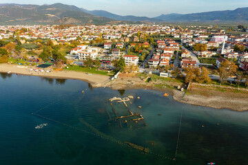 Aerial view of the sunken remains of the St. Neophytos Basilica in Iznik Lake, Iznik, Turkey.