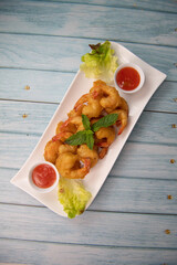 Recipe for shrimp fritters in sweet and sour sauce, High quality photo