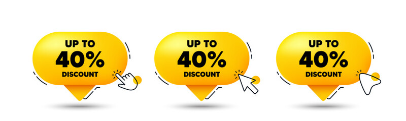 Up to 40 percent discount. Click here buttons. Sale offer price sign. Special offer symbol. Save 40 percentages. Discount tag speech bubble chat message. Talk box infographics. Vector
