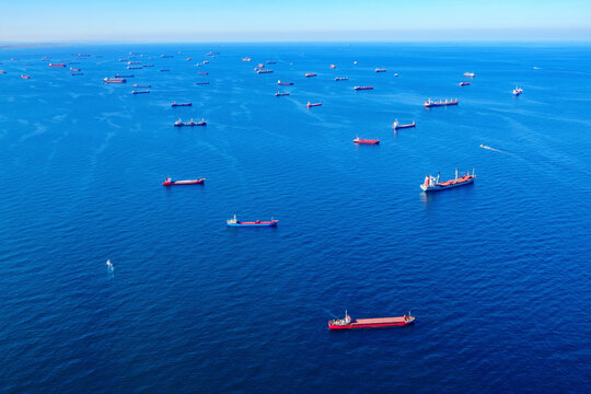 Aerial view of anchored ships waiting their turn to enter the Bosphorus at the Black Sea coast of Istanbul, Turkey.
