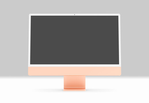 PARIS - France - April 28, 2022: Newly released Apple Imac 24 inch desktop computer, orange color, front view- 3d realistic rendering 4.5K Retina display screen mockup on grey