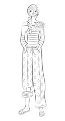Personnage à colorier, jeune femme élégante et souriante avec une tresse qui porte un pantalon large imprimé, une marinière avec des fleurs, dessin au trait sur le thème mode et beauté, noir et blanc