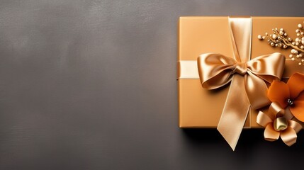 Golden Gift Box with Ribbon, Flat Lay View. Generative AI