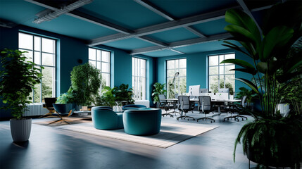 Fototapeta premium office interior 3d model free download, in the style of dark teal and dark white, contemporary diy, dark sky-blue and light white, minimalist tendencies, urban contemporary, unprimed canvas
