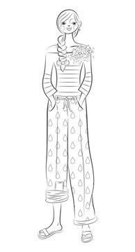 Personnage &agrave; colorier, jeune femme &eacute;l&eacute;gante et souriante avec une tresse qui porte un pantalon large imprim&eacute;, une marini&egrave;re avec des fleurs, dessin au trait sur le th&egrave;me mode et beaut&eacute;, noir et blanc