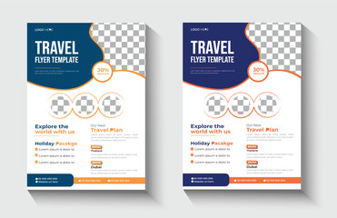 Travel poster or flyer pamphlet brochure design layout space for photo background. Yellow Travel flyer template for travel agency
