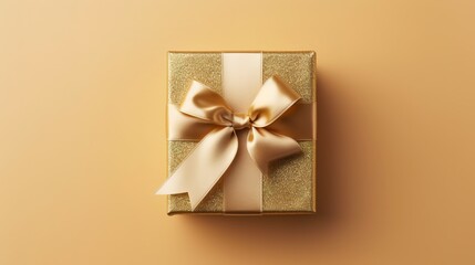 Obraz na płótnie Canvas Golden Gift Box with Ribbon, Flat Lay View. Generative AI