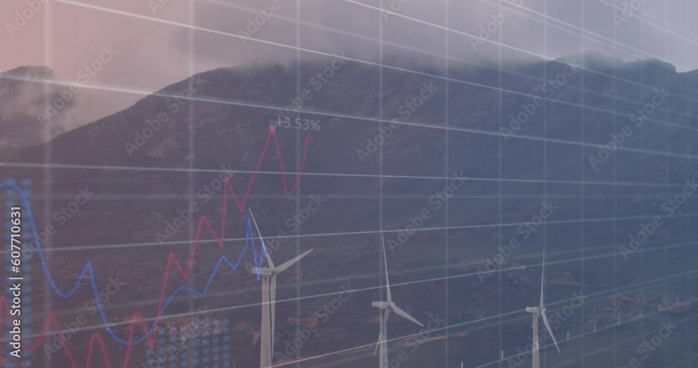 Poster animation of statistical data processing over spinning windmills against mountains