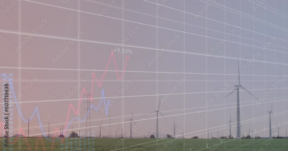 Aufkleber animation of statistical data processing over spinning windmill on grassland against grey sky