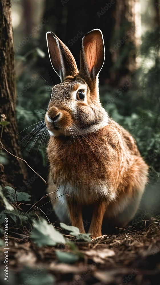 Poster illustration of a rabbit in a forest scene. created with generative ai technology.
