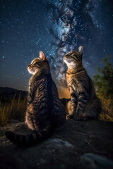 Two cats in the night, looking up to the starry sky. Created with Generative AI technology.