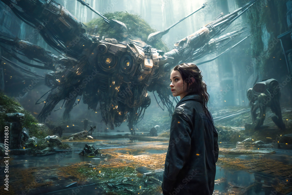 Poster imaginative conceptual illustration of a young woman and a robot or android. created with generative