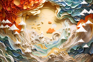 Layered paper landscape composition. Created with Generative AI technology.
