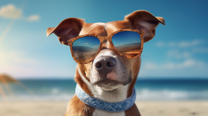 Fototapeta na wymiar Dog in sunglasses on the beach near the sea. Generative AI