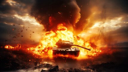 On the battlefield, a tank succumbs to a furious fireball explosion, its formidable structure now nothing but a burning relic. Destruction of War. Generative AI