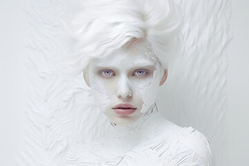 Artistic portrait of a blonde young woman, white on white. Created with Generative AI technology.