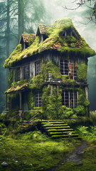 Old traditional house covered in moss. Created with Generative AI technology.