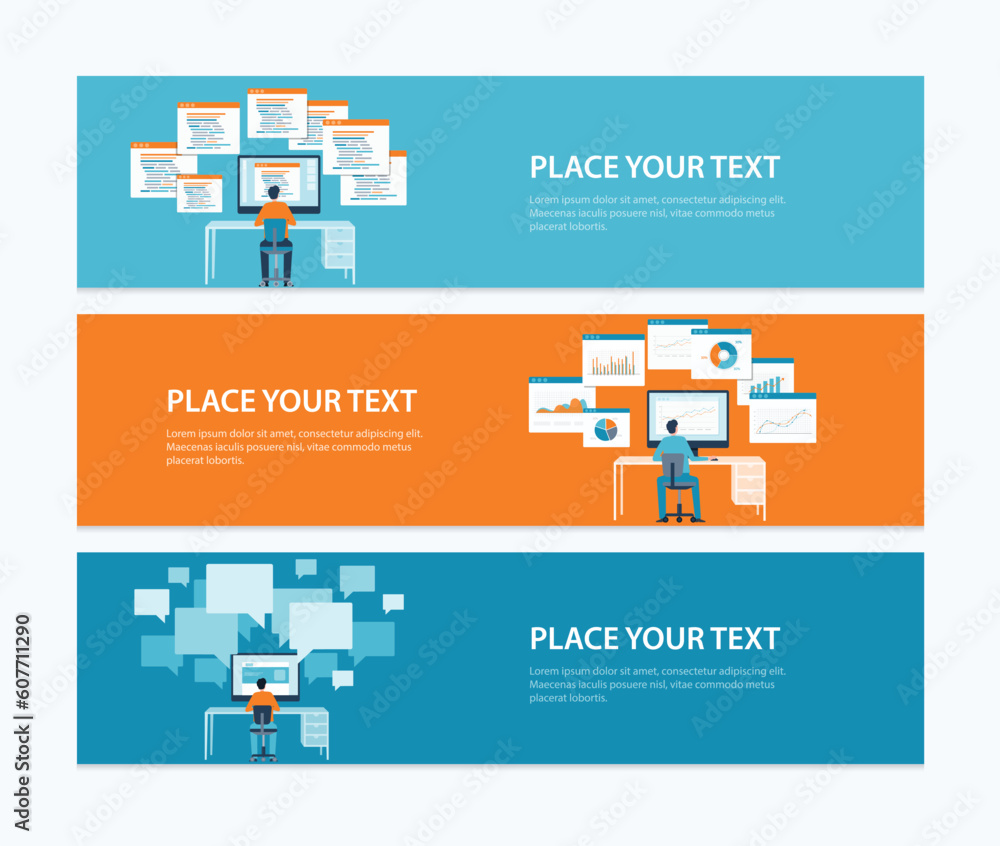Fototapete Set of horizontal web banner design templates. Business data analytics business  finance investment concept. developer  programming working for websites and applications. 