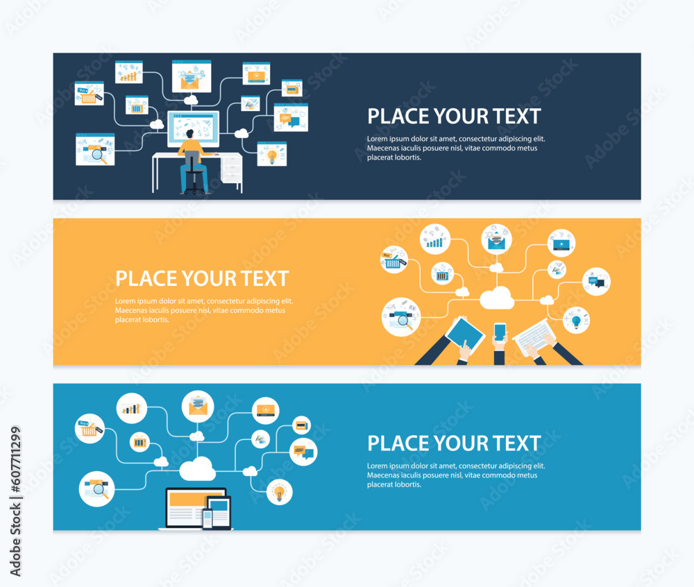 Poster Set of horizontal web banner design templates. people business working with technology  internet online network connection concept.